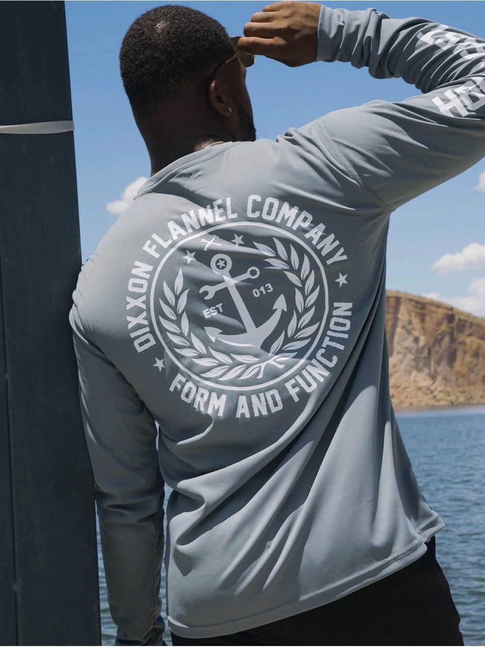 DIXXON Men's Long Sleeve Performance Tee in Slate Gray with White Logo, Small
